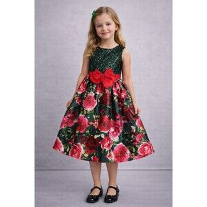 Girls Holiday Dress Green Sequin Bodice Red Floral Skirt Bow Elegant Party S 16